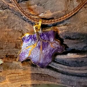 Beautiful handmade leaf pendant with rope necklace -Purple.